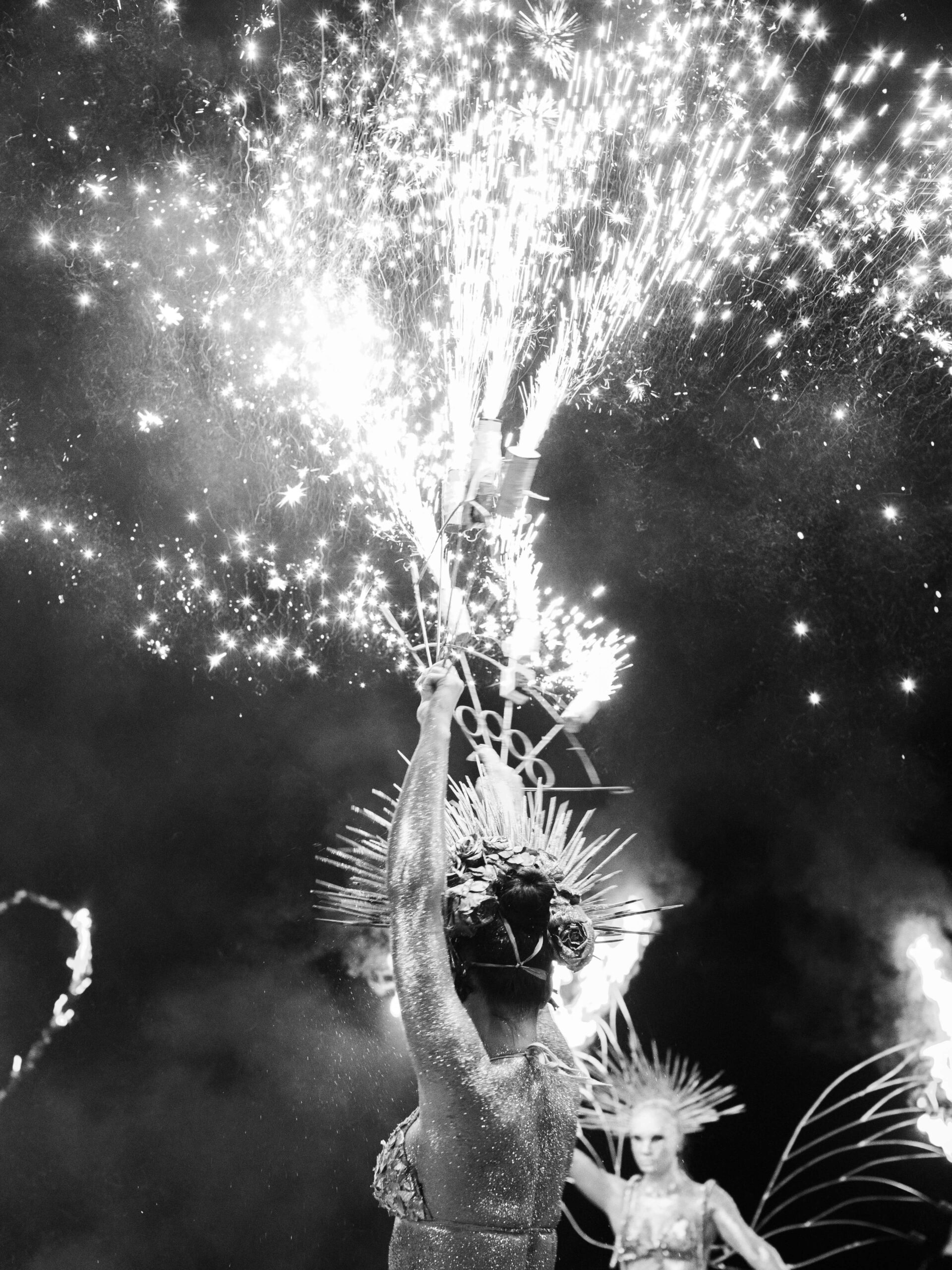 Luxurious White Wedding at Amanzoe Fireworks and fire dancers