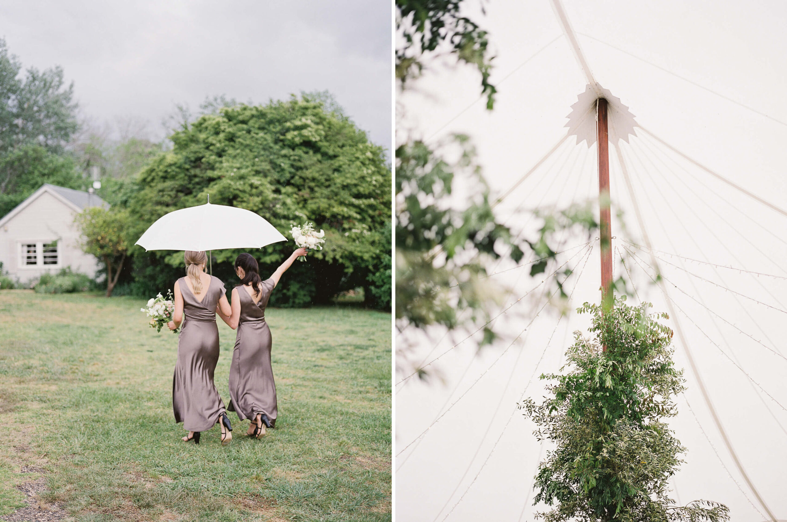 Rainy wedding photos with umbrellas